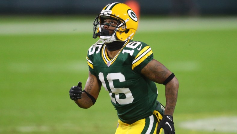 Jan 16, 2021; Green Bay, Wisconsin, USA; Green Bay Packers wide receiver Tavon Austin (16) against the Los Angeles Rams during the NFC Divisional Round at Lambeau Field. Mandatory Credit: Mark J. Rebilas-USA TODAY Sports