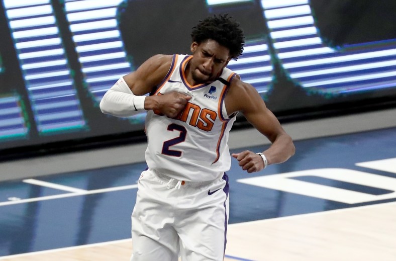Feb 1, 2021; Dallas, Texas, USA; Phoenix Suns guard Langston Galloway (2) reacts after scoring during the second half against the Dallas Mavericks at American Airlines Center. Mandatory Credit: Kevin Jairaj-USA TODAY Sports