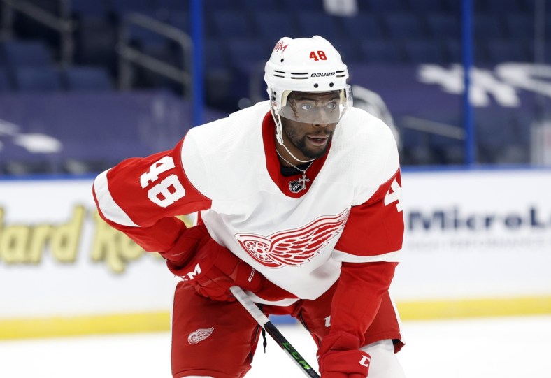 Feb 5, 2021; Tampa, Florida, USA; Detroit Red Wings left wing Givani Smith (48) looks on against the Tampa Bay Lightning  during the second period at Amalie Arena. Mandatory Credit: Kim Klement-USA TODAY Sports