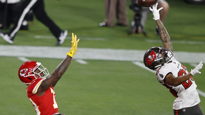 Feb 7, 2020; Tampa, FL, USA; Tampa Bay Buccaneers cornerback Sean Murphy-Bunting (23) knocks away a pass intended for Kansas City Chiefs wide receiver Byron Pringle (left) during the first quarter of Super Bowl LV at Raymond James Stadium.  Mandatory Credit: Kim Klement-USA TODAY Sports