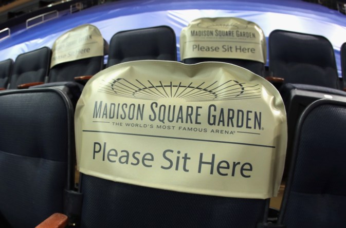 Feb 10, 2021; New York, NY, USA;  A general view of spectator seats prior to the game between the New York Rangers and Boston Bruins at Madison Square Garden. New York State announced today that arenas can re-open to spectators and fans on February 23 at 10% occupancy. Mandatory Credit: Bruce Bennett/Pool Photo-USA TODAY Sports