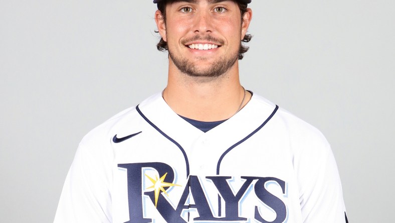 Mar 1, 2021; Sarasota, FL, USA; Tampa Bay Rays Josh Lowe (53) poses during media day at Ed Smith Stadium. Mandatory Credit: MLB Photos via USA Today Sports