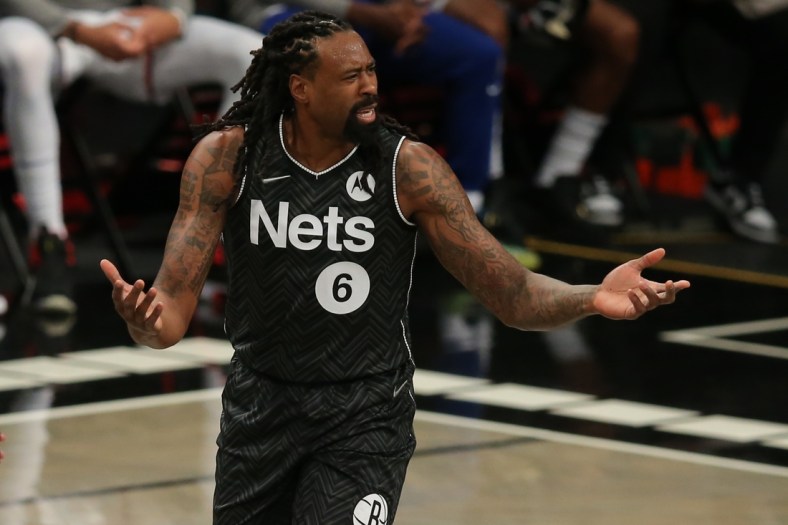 Mar 15, 2021; Brooklyn, New York, USA; Brooklyn Nets center DeAndre Jordan (6) reacts after being called for a foul during the third quarter against the New York Knicks at Barclays Center. Mandatory Credit: Brad Penner-USA TODAY Sports
