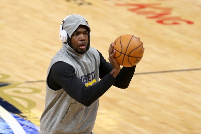 Mar 26, 2021; New Orleans, Louisiana, USA; Denver Nuggets forward Paul Millsap warms up before their game against the New Orleans Pelicans at the Smoothie King Center. Mandatory Credit: Chuck Cook-USA TODAY Sports