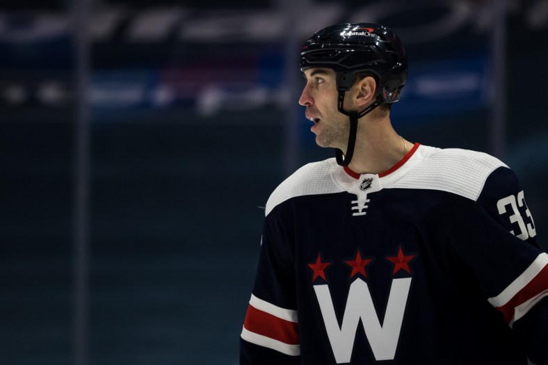 Mar 26, 2021; Washington, District of Columbia, USA; Washington Capitals defenseman Zdeno Chara (33) looks on during the third period of the game against the New Jersey Devils at Capital One Arena. Mandatory Credit: Scott Taetsch-USA TODAY Sports