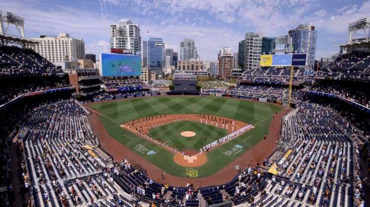 Apr 1, 2021; San Diego, California, USA; A general overview of Petco Park during the playing of the national anthem before the game between the Arizona Diamondbacks and San Diego Padres at Petco Park. Mandatory Credit: Orlando Ramirez-USA TODAY Sports