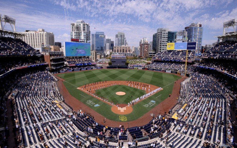 Apr 1, 2021; San Diego, California, USA; A general overview of Petco Park during the playing of the national anthem before the game between the Arizona Diamondbacks and San Diego Padres at Petco Park. Mandatory Credit: Orlando Ramirez-USA TODAY Sports