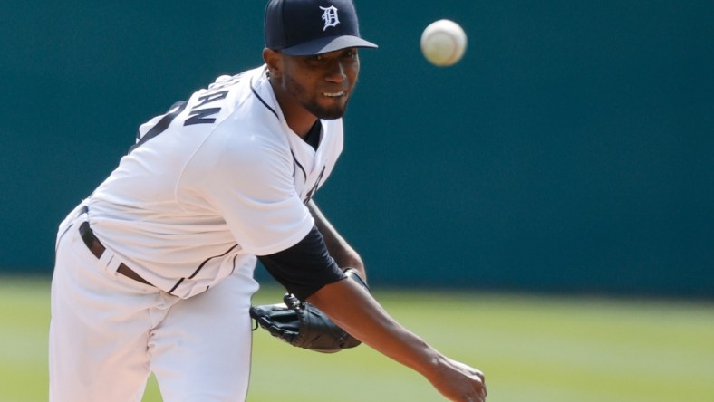 Apr 3, 2021; Detroit, Michigan, USA;  Detroit Tigers starting pitcher Julio Teheran (50) pitches in the first inning against the Cleveland Indians at Comerica Park. Mandatory Credit: Rick Osentoski-USA TODAY Sports