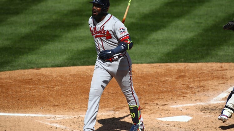 Apr 4, 2021; Philadelphia, Pennsylvania, USA; Atlanta Braves left fielder Marcell Ozuna (20) reacts after striking out in the seventh inning against the Philadelphia Phillies at Citizens Bank Park. Mandatory Credit: Kyle Ross-USA TODAY Sports