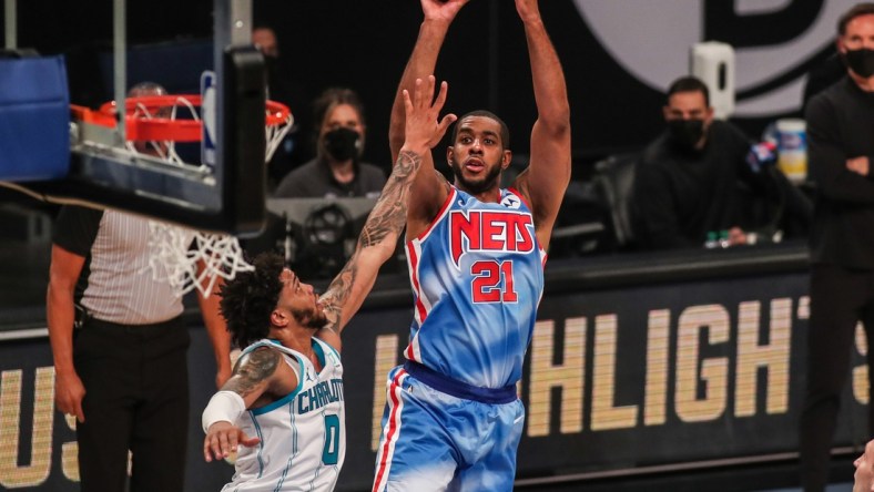 Apr 1, 2021; Brooklyn, New York, USA;  Brooklyn Nets center LaMarcus Aldridge (21) at Barclays Center. Mandatory Credit: Wendell Cruz-USA TODAY Sports