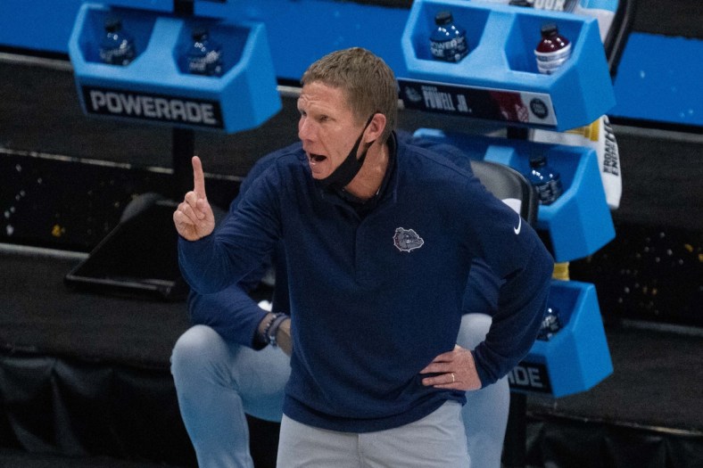 Apr 5, 2021; Indianapolis, IN, USA; Gonzaga Bulldogs head coach Mark Few reacts on the bench against the Baylor Bears in the second half during the national championship game in the Final Four of the 2021 NCAA Tournament at Lucas Oil Stadium. Mandatory Credit: Kyle Terada-USA TODAY Sports