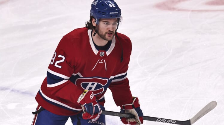 Apr 12, 2021; Montreal, Quebec, CAN; Montreal Canadiens left wing Jonathan Drouin (92) during the warm-up session before the game against Toronto Maple Leafs at Bell Centre. Mandatory Credit: Jean-Yves Ahern-USA TODAY Sports