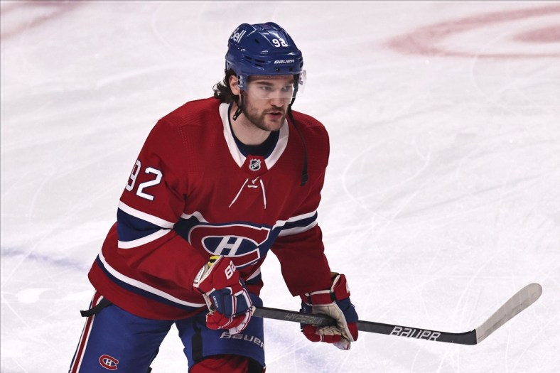Apr 12, 2021; Montreal, Quebec, CAN; Montreal Canadiens left wing Jonathan Drouin (92) during the warm-up session before the game against Toronto Maple Leafs at Bell Centre. Mandatory Credit: Jean-Yves Ahern-USA TODAY Sports