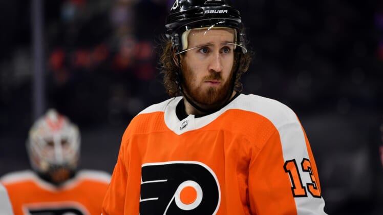 Apr 17, 2021; Philadelphia, Pennsylvania, USA; Philadelphia Flyers center Kevin Hayes (13) looks on in the third period against the Washington Capitals at Wells Fargo Center. Mandatory Credit: Kyle Ross-USA TODAY Sports