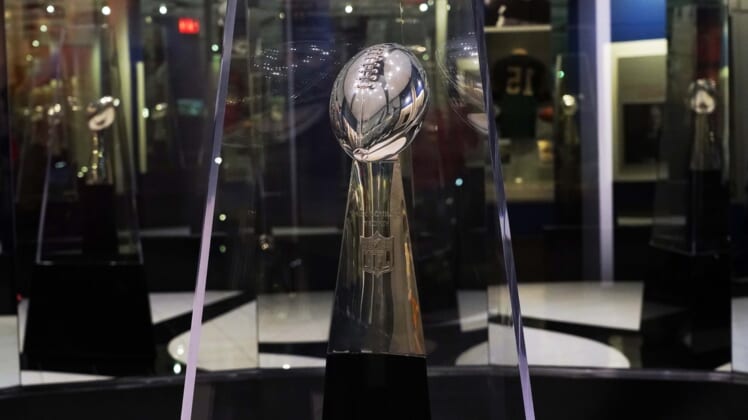 Apr 28, 2021; Canton, Ohio, USA; A Super Bowl Vince Lombardi trophy on display at the Pro Football Hall of Fame. Mandatory Credit: Kirby Lee-USA TODAY Sports