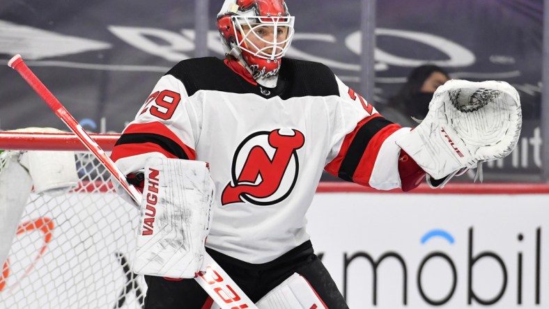 Apr 25, 2021; Philadelphia, Pennsylvania, USA; New Jersey Devils goaltender Mackenzie Blackwood (29) against the Philadelphia Flyers at Wells Fargo Center. Mandatory Credit: Eric Hartline-USA TODAY Sports