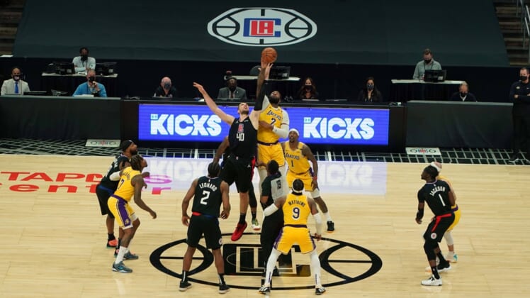 May 6, 2021; Los Angeles, California, USA; A general overall view of a jump ball  between Los Angeles Lakers center Andre Drummond (2) and LA Clippers center Ivica Zubac (40) in the second half at Staples Center. Mandatory Credit: Kirby Lee-USA TODAY Sports