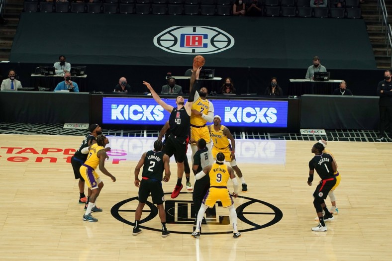 May 6, 2021; Los Angeles, California, USA; A general overall view of a jump ball  between Los Angeles Lakers center Andre Drummond (2) and LA Clippers center Ivica Zubac (40) in the second half at Staples Center. Mandatory Credit: Kirby Lee-USA TODAY Sports