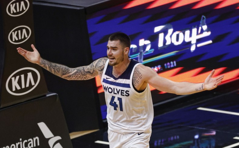 May 7, 2021; Miami, Florida, USA; Minnesota Timberwolves forward Juancho Hernangomez (41) reacts after being called for a foul during the second half against the Miami Heat at American Airlines Arena. Mandatory Credit: Rhona Wise-USA TODAY Sports