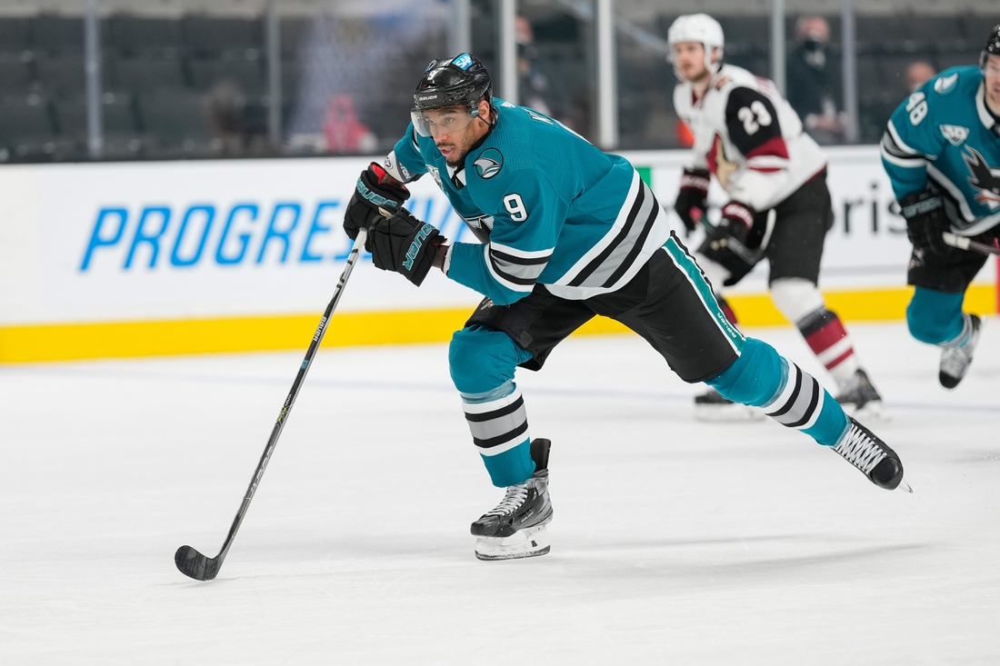 May 7, 2021; San Jose, California, USA; San Jose Sharks left wing Evander Kane (9) skates during the third period against the Arizona Coyotes at SAP Center at San Jose. Mandatory Credit: Stan Szeto-USA TODAY Sports