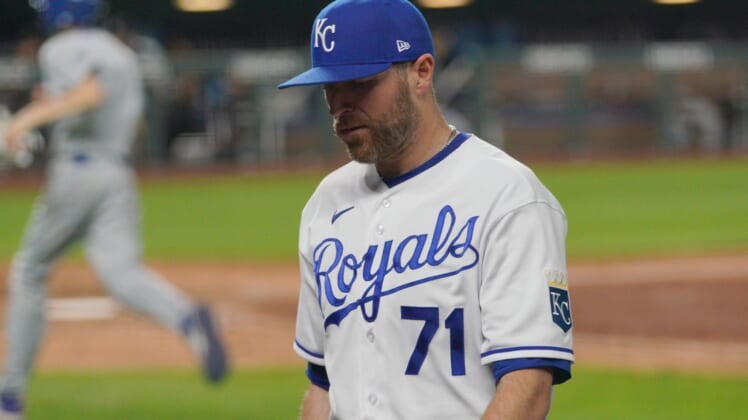 May 8, 2021; Kansas City, Missouri, USA; Kansas City Royals relief pitcher Wade Davis (71) walks to the dugout after being replaced in the ninth inning against the Chicago White Sox at Kauffman Stadium. Mandatory Credit: Denny Medley-USA TODAY Sports