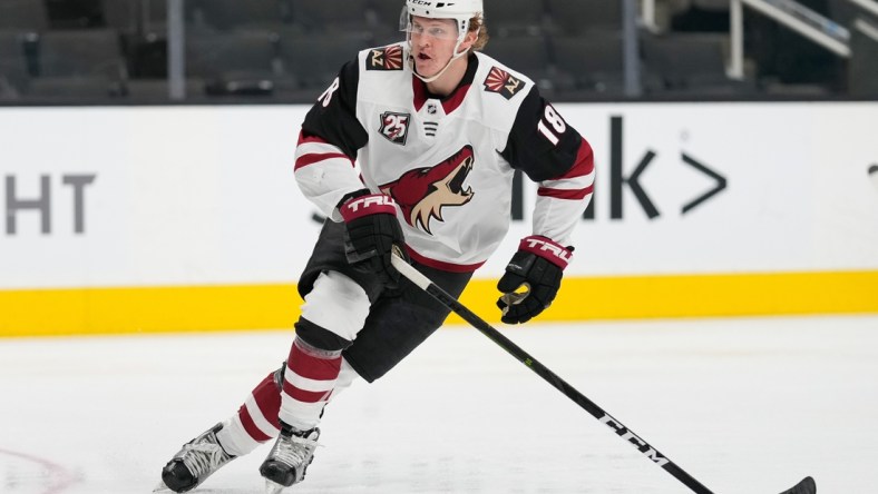 May 8, 2021; San Jose, California, USA;  Arizona Coyotes center Christian Dvorak (18) during the second period against the San Jose Sharks at SAP Center at San Jose. Mandatory Credit: Stan Szeto-USA TODAY Sports