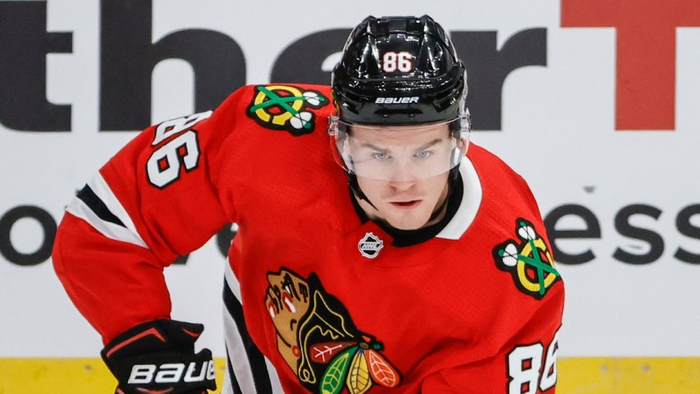 May 10, 2021; Chicago, Illinois, USA; Chicago Blackhawks right wing Mike Hardman (86) in action against the Dallas Stars during the third period at United Center. Mandatory Credit: Kamil Krzaczynski-USA TODAY Sports