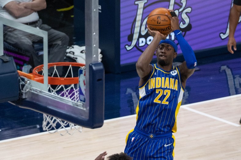 May 15, 2021; Indianapolis, Indiana, USA; Indiana Pacers guard Caris LeVert (22) shoots the ball in the second  quarter against the Los Angeles Lakers at Bankers Life Fieldhouse. Mandatory Credit: Trevor Ruszkowski-USA TODAY Sports