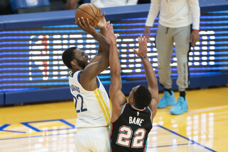 May 16, 2021; San Francisco, California, USA; Golden State Warriors forward Andrew Wiggins (22) shoots the basketball against Memphis Grizzlies guard Desmond Bane (22) during the second quarter at Chase Center. Mandatory Credit: Kyle Terada-USA TODAY Sports
