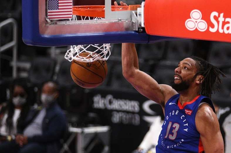 May 16, 2021; Detroit, Michigan, USA; Detroit Pistons center Jahlil Okafor (13) slam dunks during the game against the Miami Heat at Little Caesars Arena. Mandatory Credit: Tim Fuller-USA TODAY Sports