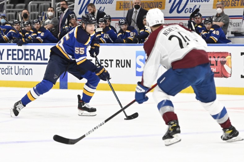 May 21, 2021; St. Louis, Missouri, USA; St. Louis Blues defenseman Colton Parayko (55) skates against the Colorado Avalanche in game three of the first round of the 2021 Stanley Cup Playoffs at Enterprise Center. Mandatory Credit: Jeff Le-USA TODAY Sports