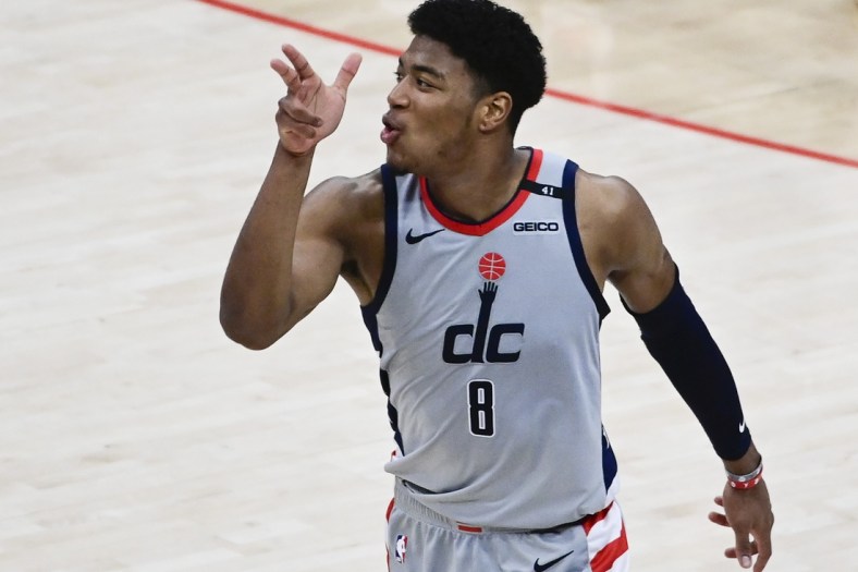 May 31, 2021; Washington, District of Columbia, USA; Washington Wizards forward Rui Hachimura (8) reacts after making a three point shot in the second half against the Philadelphia 76ers during game four in the first round of the 2021 NBA Playoffs. at Capital One Arena. Mandatory Credit: Tommy Gilligan-USA TODAY Sports