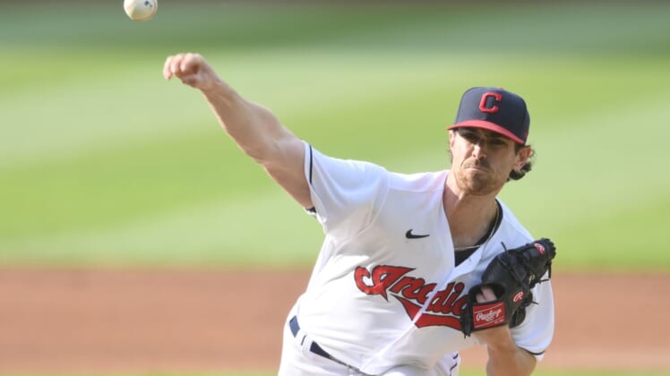 Jun 1, 2021; Cleveland, Ohio, USA; Cleveland Indians starting pitcher Shane Bieber (57) delivers a pitch in the first inning against the Chicago White Sox at Progressive Field. Mandatory Credit: David Richard-USA TODAY Sports