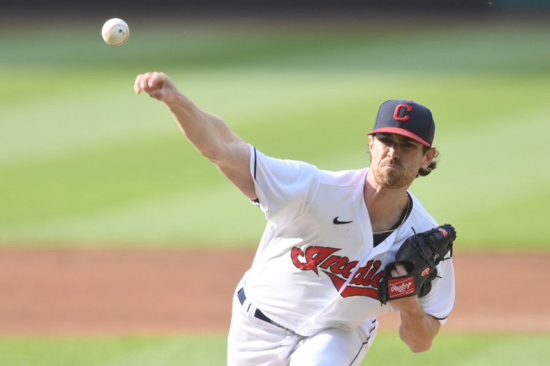 Jun 1, 2021; Cleveland, Ohio, USA; Cleveland Indians starting pitcher Shane Bieber (57) delivers a pitch in the first inning against the Chicago White Sox at Progressive Field. Mandatory Credit: David Richard-USA TODAY Sports