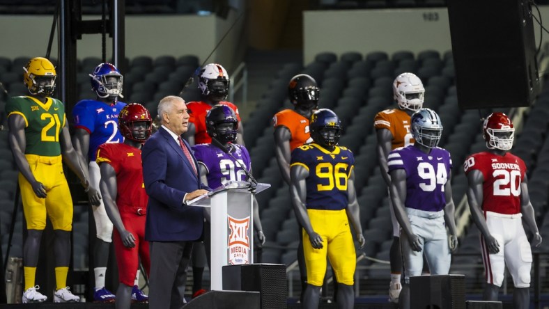 Jul 14, 2021; Arlington, TX, USA;  Big 12 Commissioner Bob Bowlsby speaks to the media during Big 12 media days at AT&T Stadium. Mandatory Credit: Kevin Jairaj-USA TODAY Sports