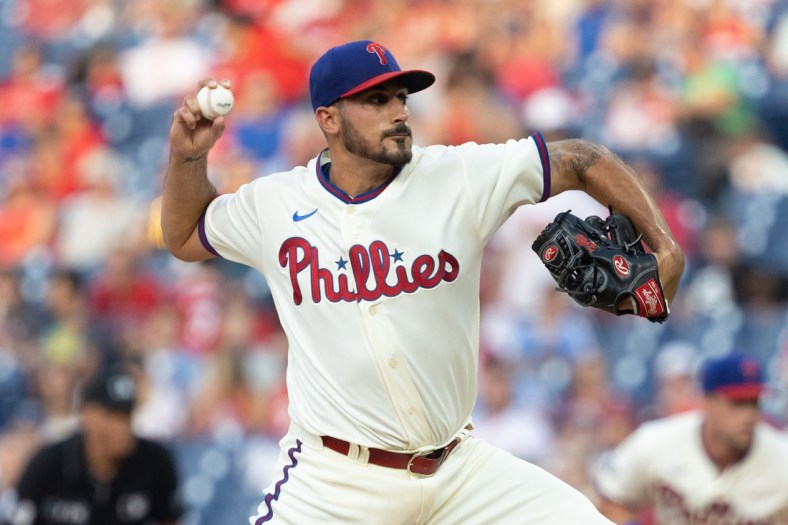 Jul 16, 2021; Philadelphia, Pennsylvania, USA; Philadelphia Phillies starting pitcher Zach Eflin (56) throws a pitch during the first inning against the Miami Marlins during the first inning at Citizens Bank Park. Mandatory Credit: Bill Streicher-USA TODAY Sports
