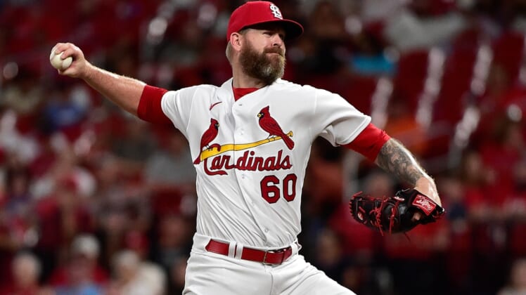 Jul 16, 2021; St. Louis, Missouri, USA;  St. Louis Cardinals relief pitcher Justin Miller (60) pitches during the eighth inning against the San Francisco Giants at Busch Stadium. Mandatory Credit: Jeff Curry-USA TODAY Sports