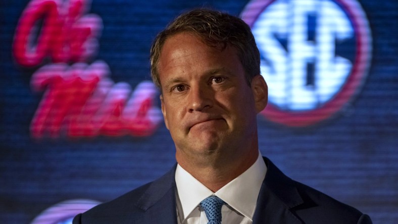 Jul 20, 2021; Hoover, Alabama, USA; Ole Miss Rebels head coach Lane Kiffin speaks to the media during SEC Media Days at Hyatt Regency Birmingham. Mandatory Credit: Vasha Hunt-USA TODAY Sports