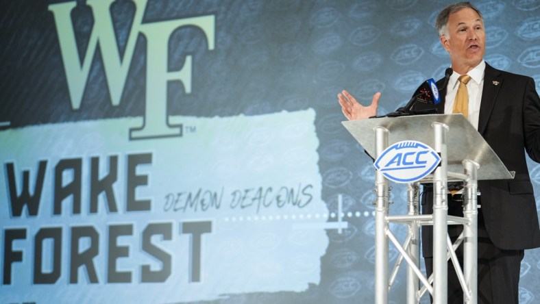 Jul 22, 2021; Charlotte, NC, USA; Wake Forest Demon Deacons coach Dave Clawson speaks to the media during the ACC Kickoff at The Westin Charlotte. Mandatory Credit: Jim Dedmon-USA TODAY Sports