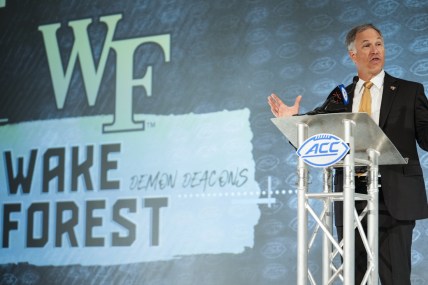 Jul 22, 2021; Charlotte, NC, USA; Wake Forest Demon Deacons coach Dave Clawson speaks to the media during the ACC Kickoff at The Westin Charlotte. Mandatory Credit: Jim Dedmon-USA TODAY Sports