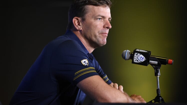 Jul 27, 2021; Hollywood, CA, USA; California Bears head coach Justin Wilcox speaks with the media during the Pac-12 football Media Day at the W Hollywood. Mandatory Credit: Kelvin Kuo-USA TODAY Sports