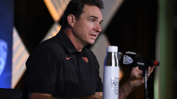 Jul 27, 2021; Hollywood, CA, USA; Oregon State Beavers head coach Jonathan Smith speaks with the media during the Pac-12 football Media Day at the W Hollywood. Mandatory Credit: Kelvin Kuo-USA TODAY Sports