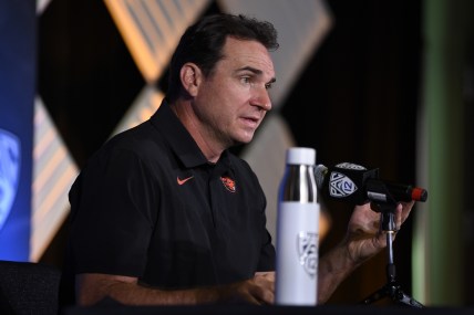 Jul 27, 2021; Hollywood, CA, USA; Oregon State Beavers head coach Jonathan Smith speaks with the media during the Pac-12 football Media Day at the W Hollywood. Mandatory Credit: Kelvin Kuo-USA TODAY Sports