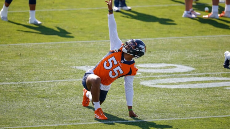 Jul 28, 2021; Englewood, CO, United States; Denver Broncos outside linebacker Bradley Chubb (55) stretches during training camp at UCHealth Training Complex. Mandatory Credit: Isaiah J. Downing-USA TODAY Sports