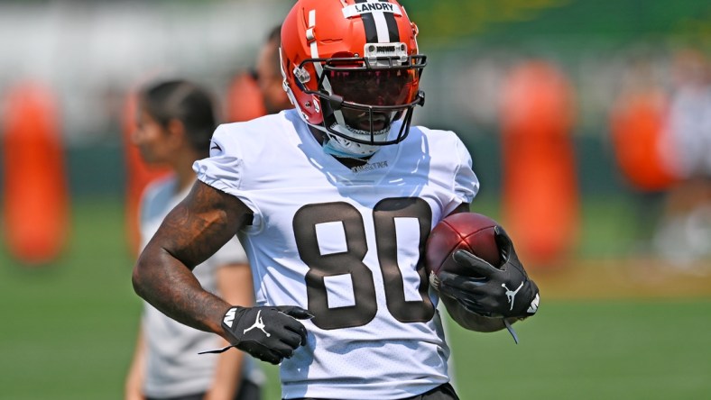 Jul 28, 2021; Berea, Ohio, USA; Cleveland Browns wide receiver Jarvis Landry (80) during training camp at CrossCountry Mortgage Campus. Mandatory Credit: Ken Blaze-USA TODAY Sports