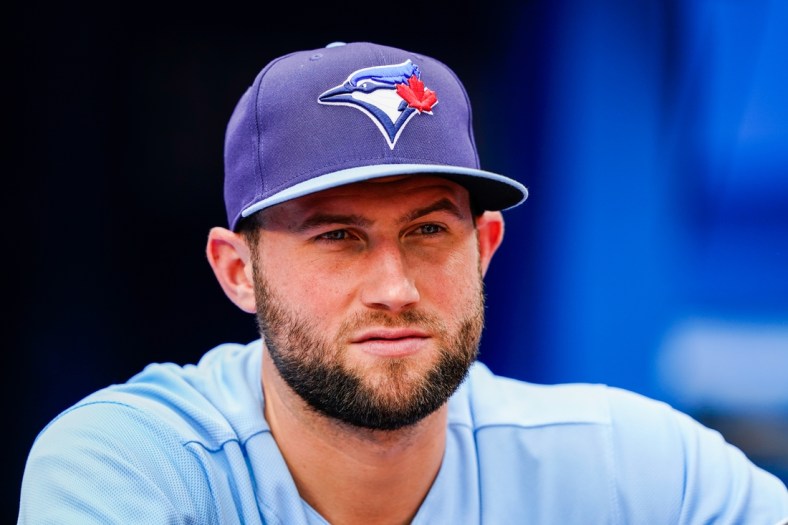 Jul 31, 2021; Toronto, Ontario, CAN; Toronto Blue Jays pitcher Brad Hand looks on from the dugout at an MLB game against the Kansas City Royals at Rogers Centre. Mandatory Credit: Kevin Sousa-USA TODAY Sports