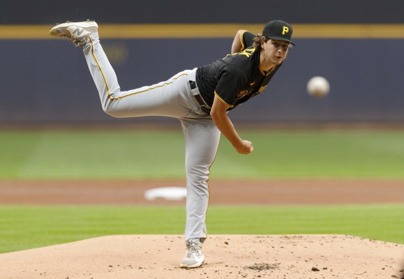 Aug 3, 2021; Milwaukee, Wisconsin, USA;  Pittsburgh Pirates pitcher Max Kranick (45) throws a pitch against the Milwaukee Brewers during the first inning at American Family Field. Mandatory Credit: Jeff Hanisch-USA TODAY Sports