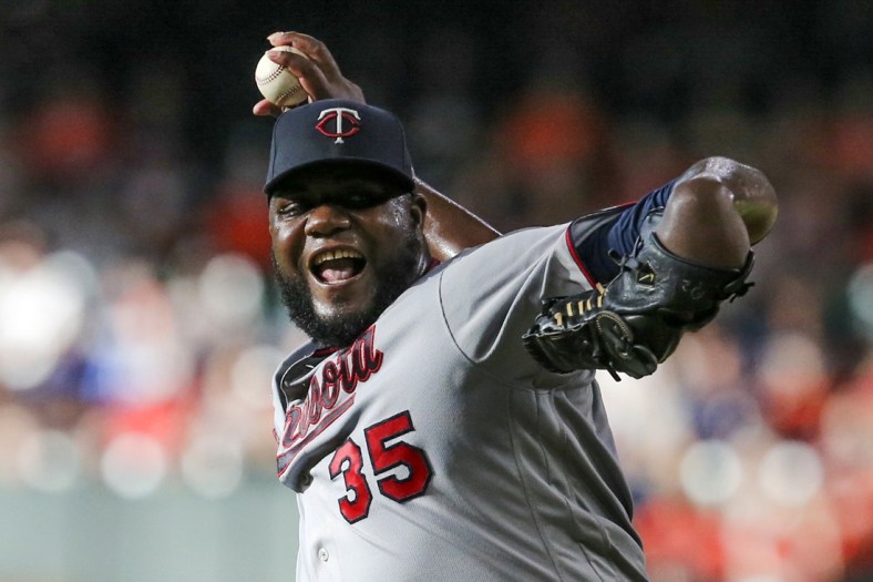 Aug 7, 2021; Houston, Texas, USA; Minnesota Twins starting pitcher Michael Pineda (35) throws against the Houston Astros in the first inning at Minute Maid Park. Mandatory Credit: Thomas Shea-USA TODAY Sports