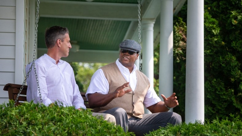 Kevin Burkhardt of Fox Sports and Frank Thomas film a video at the Field of Dreams movie site outside of Dyersville, Wednesday, Aug. 11, 2021.

Fieldofdreams45 Jpg