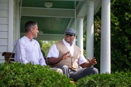 Kevin Burkhardt of Fox Sports and Frank Thomas film a video at the Field of Dreams movie site outside of Dyersville, Wednesday, Aug. 11, 2021.

Fieldofdreams45 Jpg